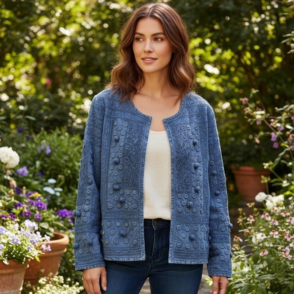 Indigo Moon Jacket Women's M Embroidered Embellished Chambray Boho Hippie Cotton